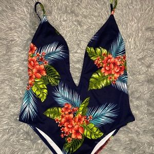 Tropical Deep V Tank Open Back Bodysuit